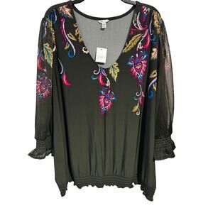 Cato 22/24W Olive Embroidered Floral Sheer sleeves Smocked cuff & hem BOHO